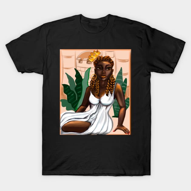 Cleopatra Queen Black is beautiful black woman art with crown, white dress and braids, brown eyes and dark brown skin ! T-Shirt by Artonmytee